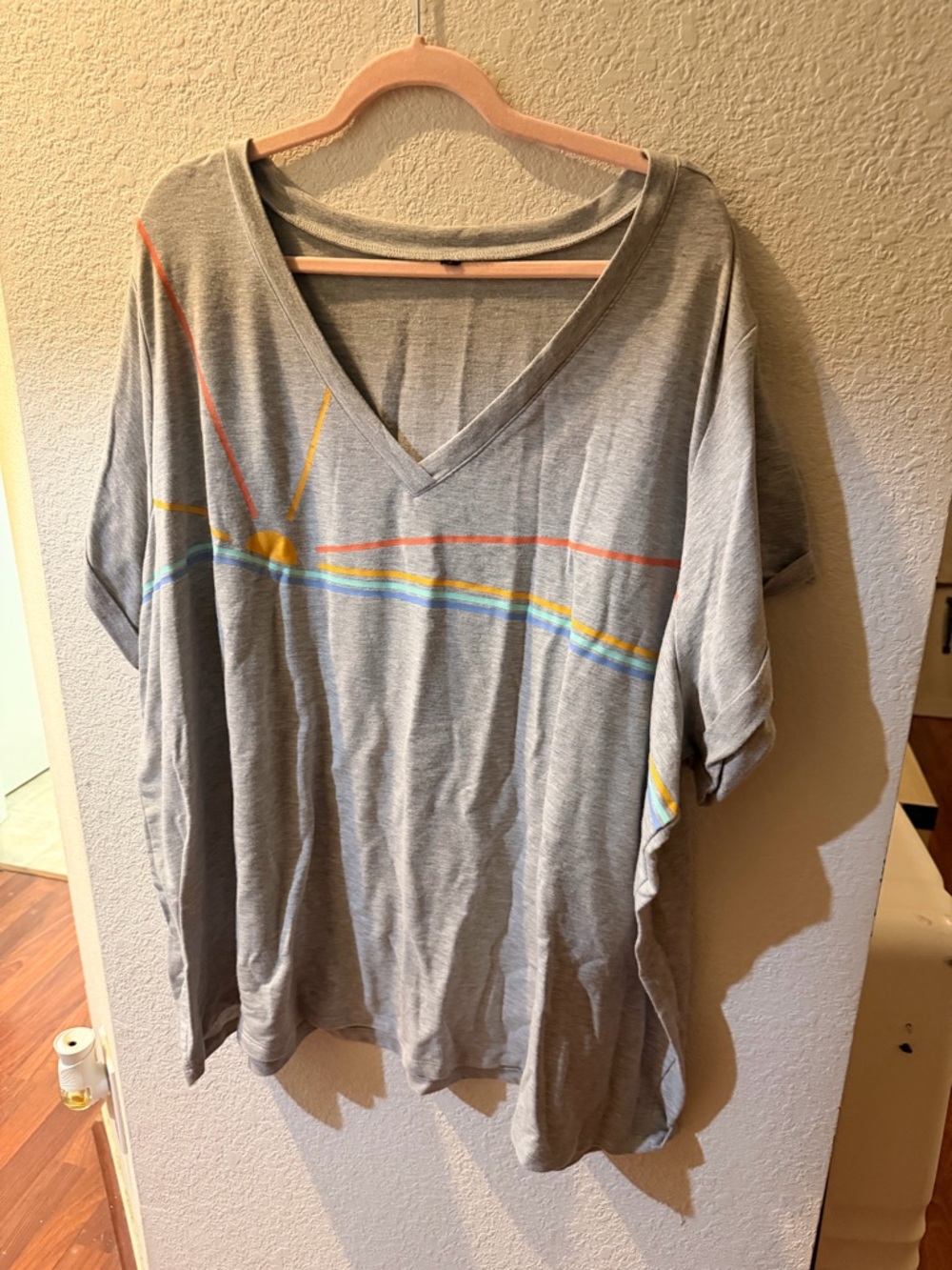Gray V-Neck Tee with Sunrise Stripe Detail